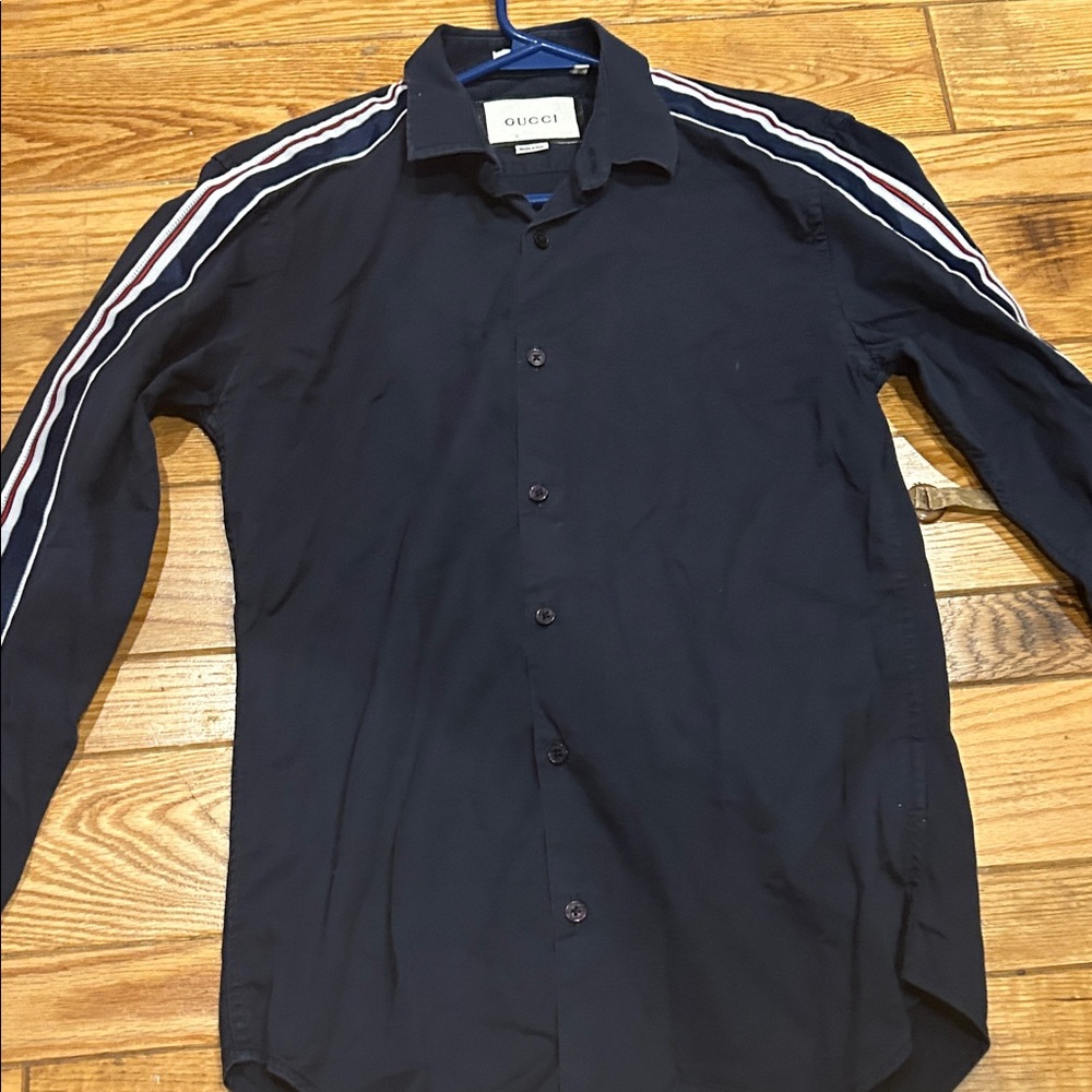 Gucci Men's Navy Shirt with Red and White Stripes 15” pit to pit
